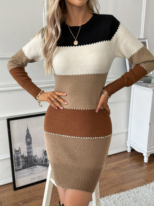 Heidi-Mode | Stilvolles Baumwollkleid mit Farbblock Design, Langen Ärmeln und Rundhalsausschnitt für Damen Ideal für Den Sommer