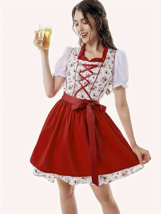 Heidi-Mode - Stilvolle Herbst Rote Dirndl mit Blumenmuster und Schürze für Frauen