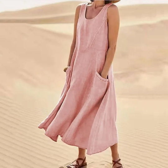 Heidi-Mode | Ärmelloses Kleid aus Baumwolle und Leinen mit Taschen für Frauen