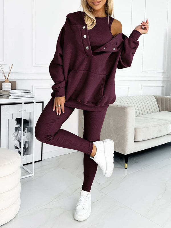 Heidi-Mode | 3-Teiliger Damen Sportanzug Lockere Kapuzenpullover Slim Hosen