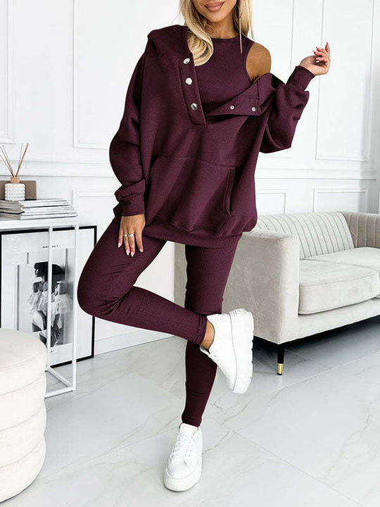 Heidi-Mode | 3-Teiliger Damen Sportanzug Lockere Kapuzenpullover Slim Hosen