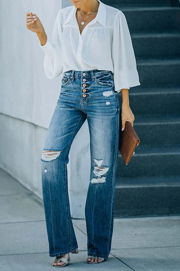 Heidi-Mode | Marcos Hohe Taille Distressed Knopf 90'S Flare Denim