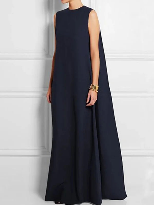 lockeres, einfaches, einfarbiges, ärmelloses, ärmelloses, V-Rücken, lockeres langes Kleid