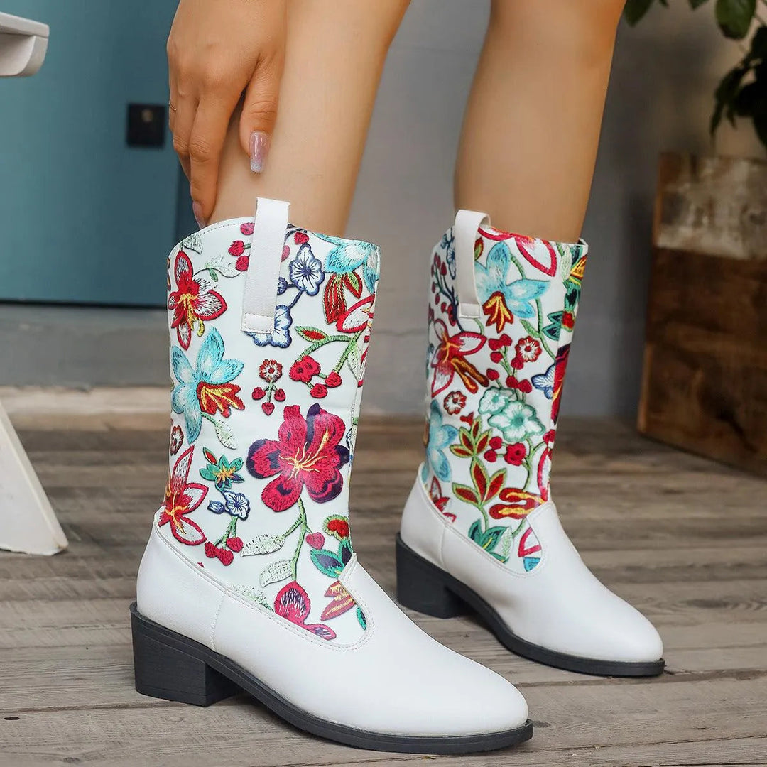 Heidi-Mode | Mittelhoch Stiefel mit gestickten Blumen und runder Spitze