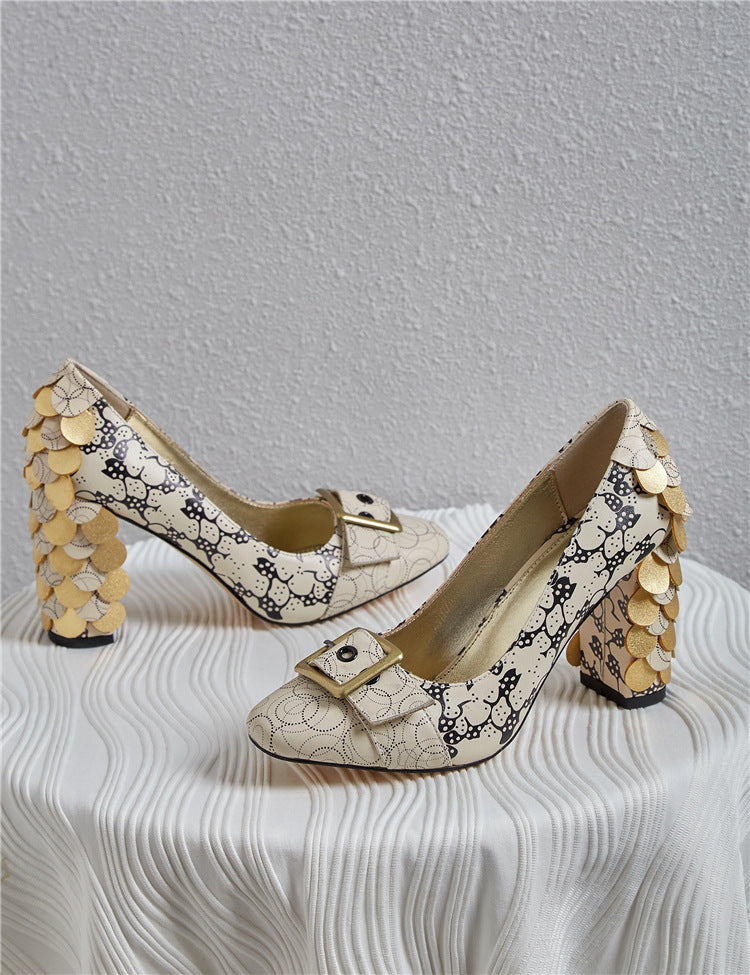 Heidi-Mode | Chunky Heel High Heels Große Größen Schuhe Gedruckt Fleischkreuz