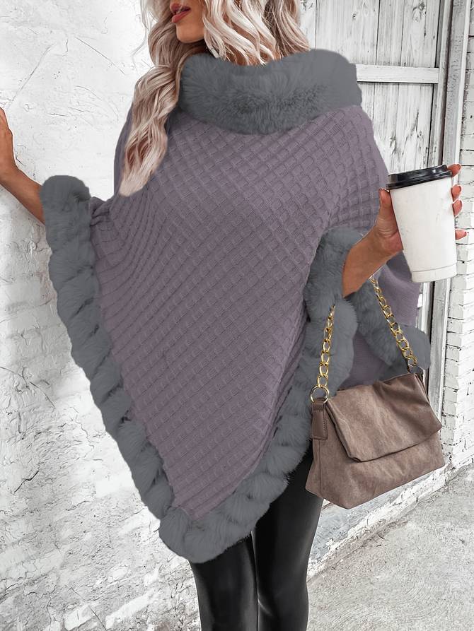 Heidi-Mode | Damen Strick-Poncho mit Kunstfell