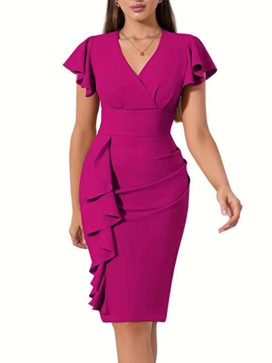 Heidi-Mode | Lässiges Baumwollkleid mit Rüschen Saum, V-Ausschnitt und Kurzen Ärmeln für Damen Ideal für Den Sommer
