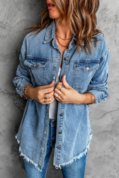 Heidi-Mode | Knöpfen Up Pocketed Raw Hem Denim Jacke