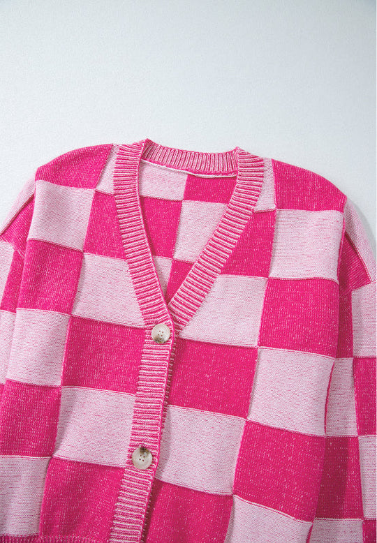 Heidi-Mode | Kariertes V-Ausschnitt Langarm Cardigan