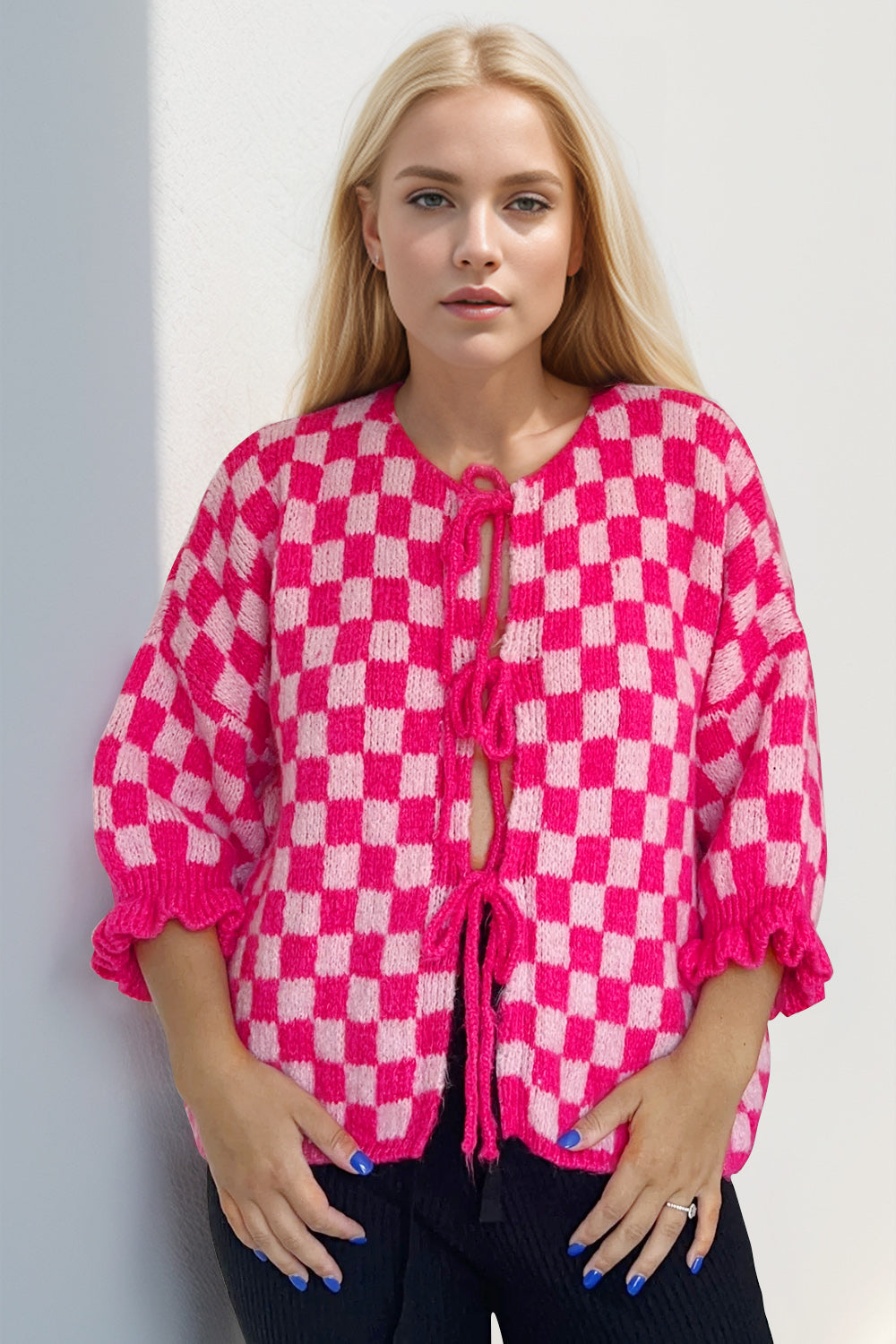 Heidi-Mode | Double Take Gebunden Karierter Fall Schulter Volant Ärmel Strickjacke