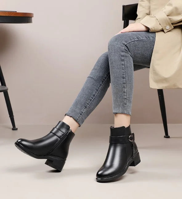 Heidi-Mode | Damen Echtes Leder Metall Schnalle Samt Stiefel