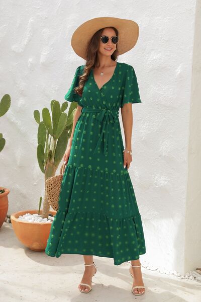 Heidi-Mode | Swiss Dot Gebunden Surplice Kurzarmkleid