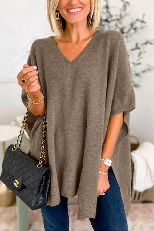 Heidi-Mode | V-Ausschnitt Poncho Pullover mit elegantem lockeren Schnitt