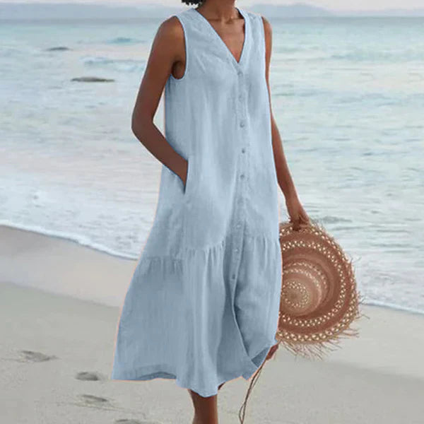 Heidi-Mode | Ärmelloses Knopfkleid mit V-Ausschnitt Strandkleid