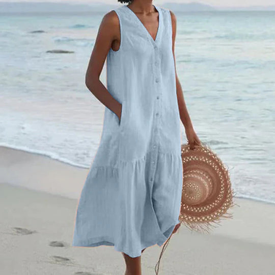 Heidi-Mode | Ärmelloses Knopfkleid mit V-Ausschnitt Strandkleid