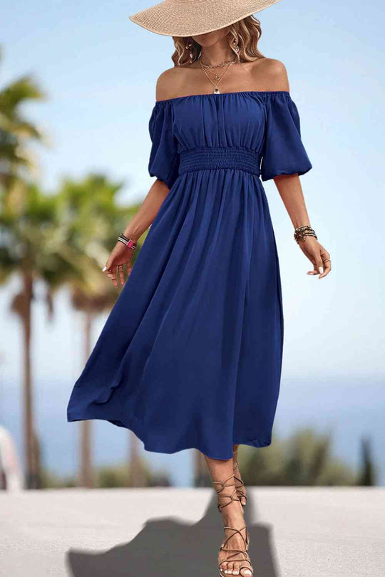 Heidi-Mode | Quadrat-Ausschnitt Geraffte Taille Puffärmeln Midi Kleid