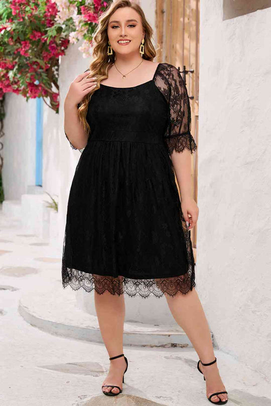 Heidi-Mode | Plus-Size Spitze Volantärmel Quadrat Ausschnitt Kleid