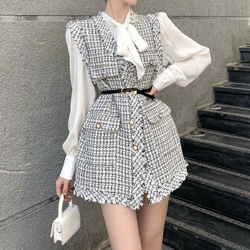 Heidi-Mode | Kariertes Tweed Westen Faltenoberteil Anzug
