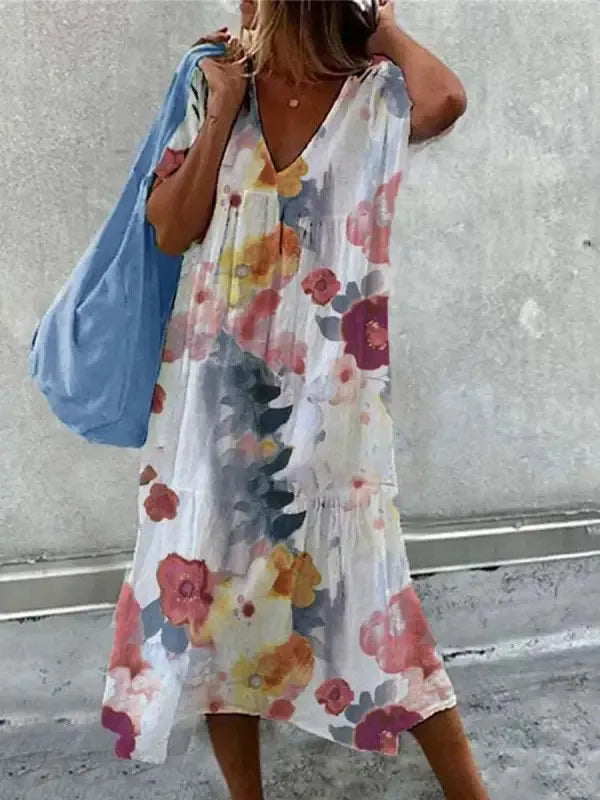 Heidi-Mode | Boho-Strandkleid für Frauen Sommerkleid mit V-Ausschnitt und Kurzen Ärmeln mit Floralem Muster