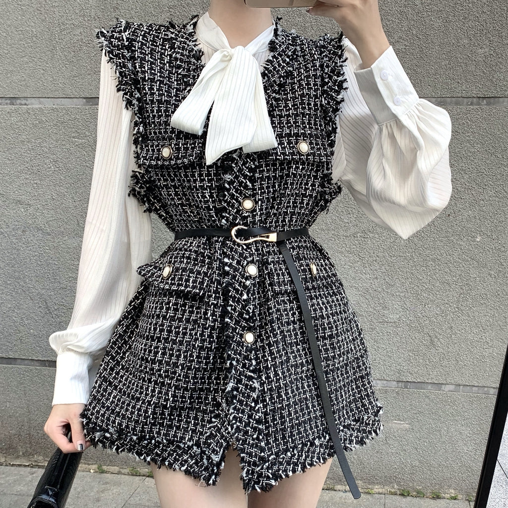 Heidi-Mode | Kariertes Tweed Westen Faltenoberteil Anzug