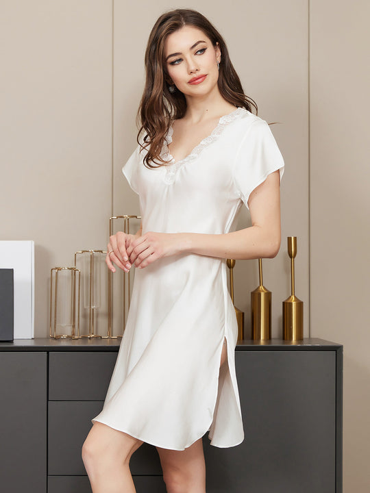 Elegante Seiden-Midi-Kleid mit Spitze und Schlitz für Damen