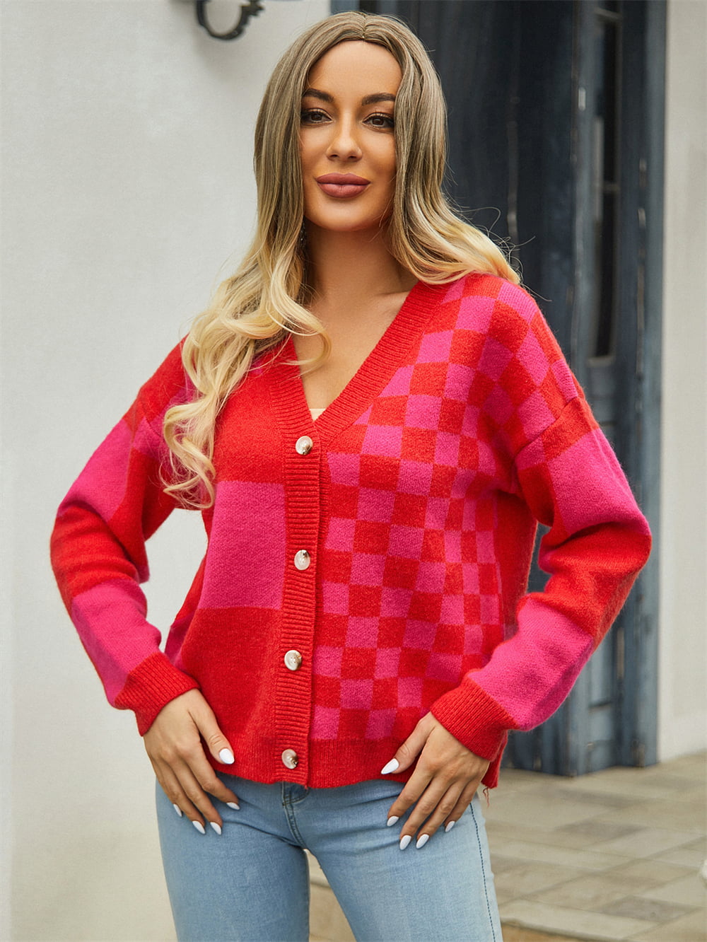 Heidi-Mode | Karierter V-Ausschnitt Gefallene Schulter Cardigan