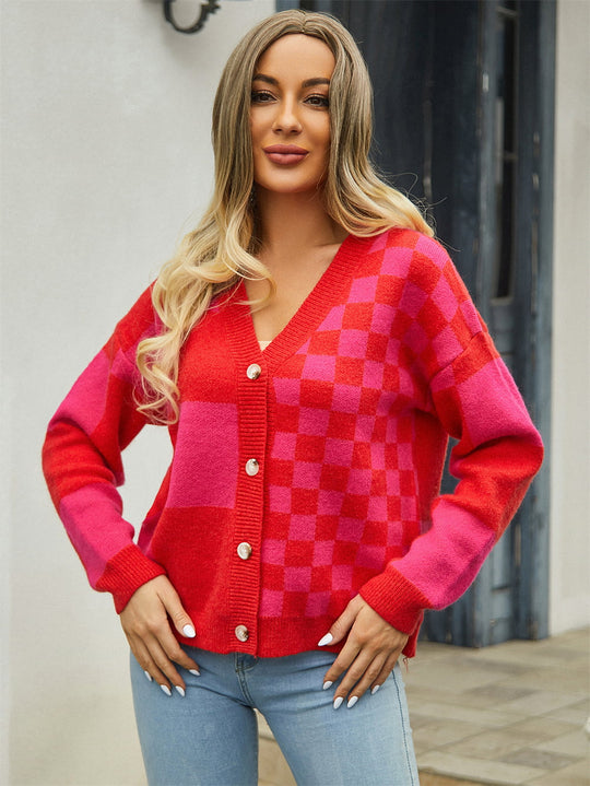 Heidi-Mode | Karierter V-Ausschnitt Gefallene Schulter Cardigan