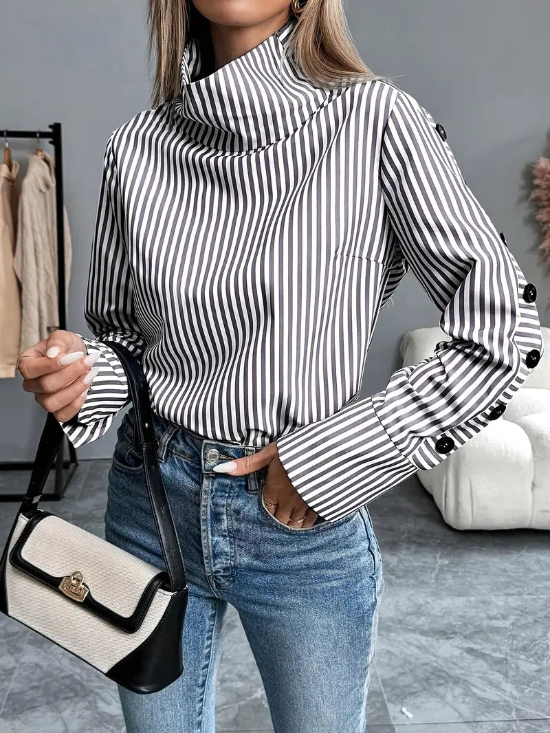 Heidi-Mode | Gestreifte Bluse mit Hohem Kragen