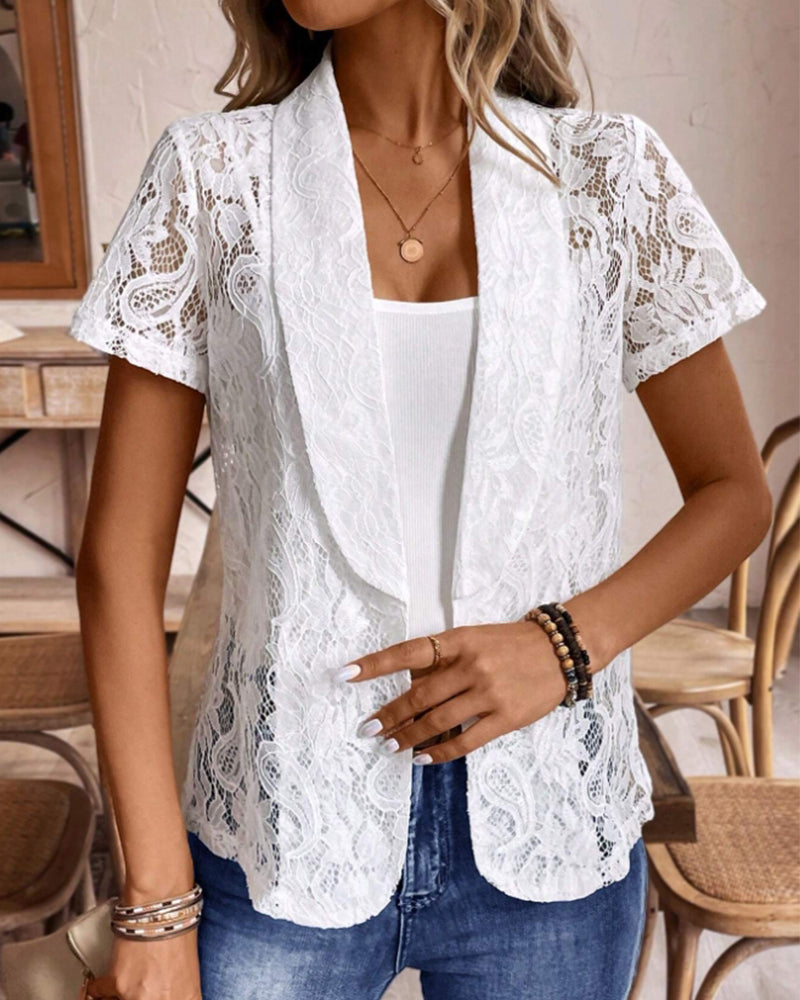 Heidi-Mode | Weißer Kurzärmeliger Spitzenblazer mit Revers