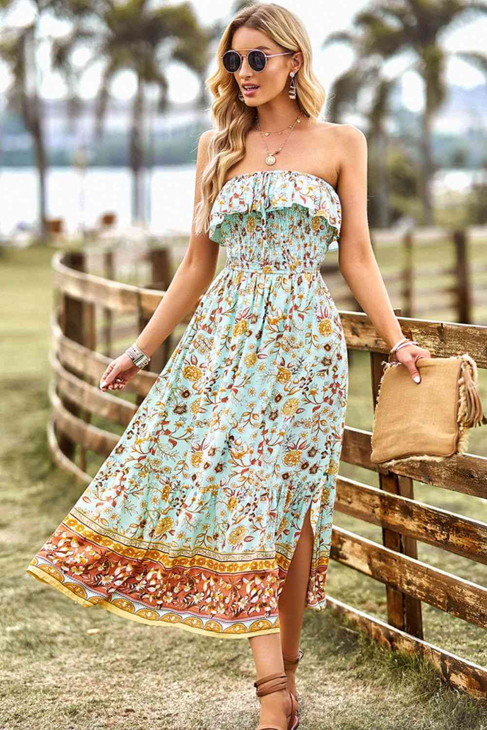 Heidi-Mode | Bohemian Strapless Schlitz Midi Kleid