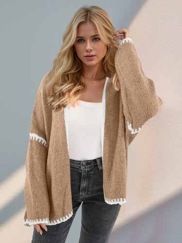Heidi-Mode | Double Take Kontrast Offene Vorderseite Herunterfallende Schulter Strickjacke