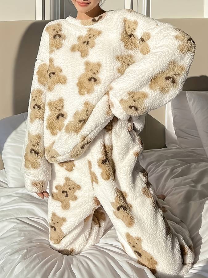 Heidi-Mode - Bequemes weißes Bärenmotiv Loungewear-Set für Damen