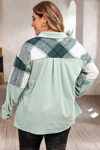 Plus-Size kariertes Sakko mit Druckknopfverschluss und Taschen