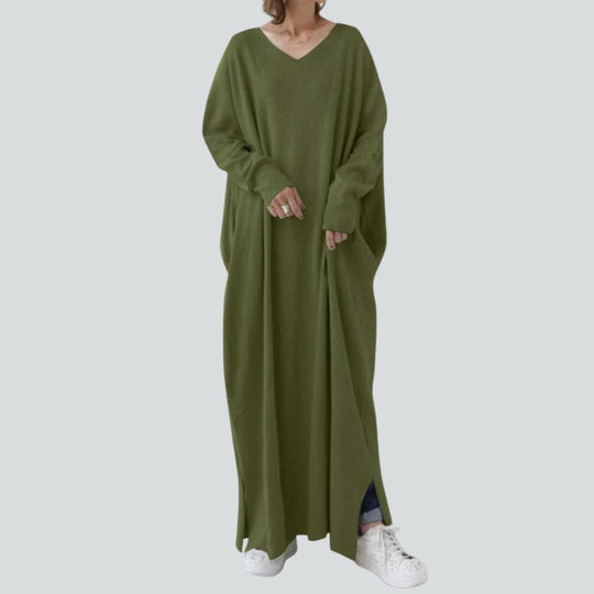 Maxi-Pulloverkleid mit V-Ausschnitt und langen Ärmeln in entspannter Passform