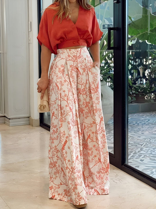 Heidi-Mode | Lässiger V-ausschnitt Bluse mit Bedrucktem Rock Zweiteiliges Satz