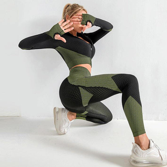 Heidi-Mode | 3-Teiliges Nahtloses Sportset für Damen mit Leggings und Sport-Bh