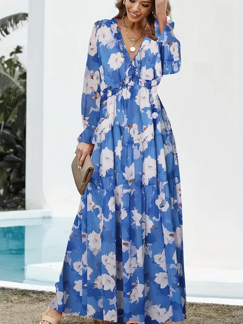 Maxi Dress met V-hals en lange mouwen met bloemenprint