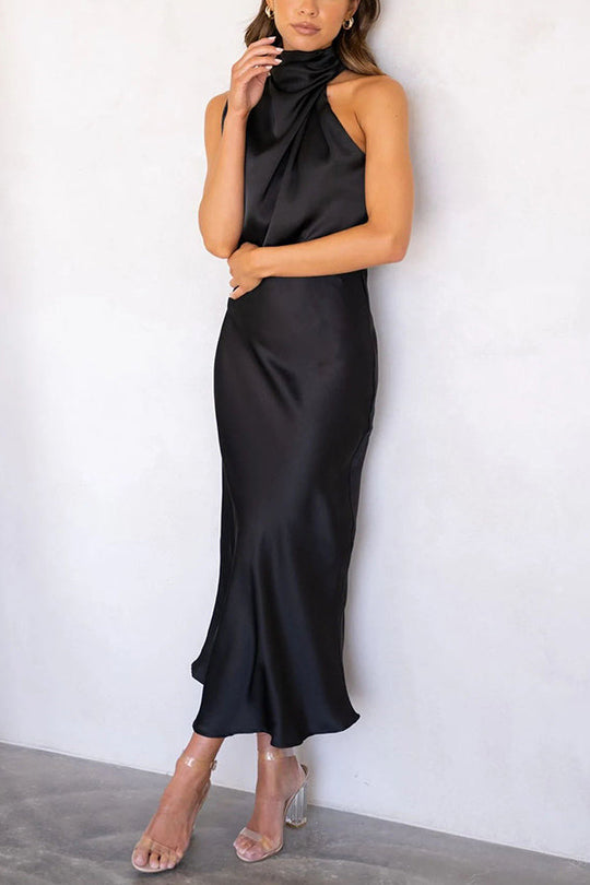 Heidi-Mode | Perfectly Yours Hoher Hals Satin Drapiert Maxi Kleid