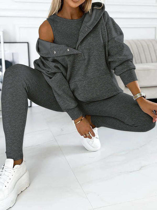Heidi-Mode | 3-Teiliger Damen Sportanzug Lockere Kapuzenpullover Slim Hosen