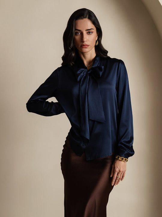Heidi-Mode | Damen Elegante Seidenbluse mit Schlipskragen und Langen Ärmeln