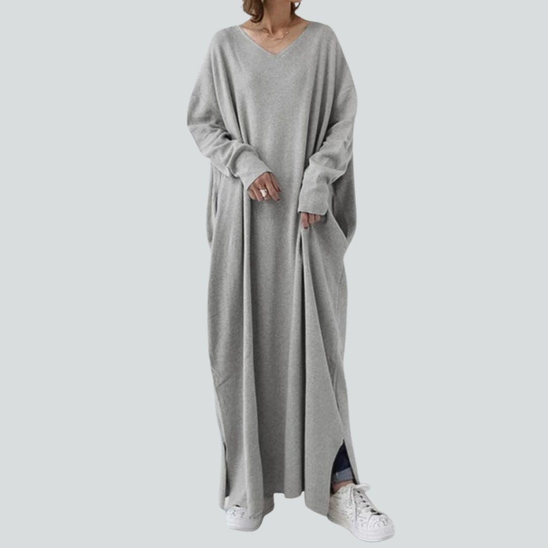 Maxi-Pulloverkleid mit V-Ausschnitt und langen Ärmeln in entspannter Passform