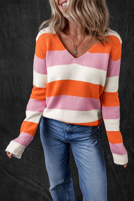 Gestreifter Colorblock V-Ausschnitt Freizeitpullover