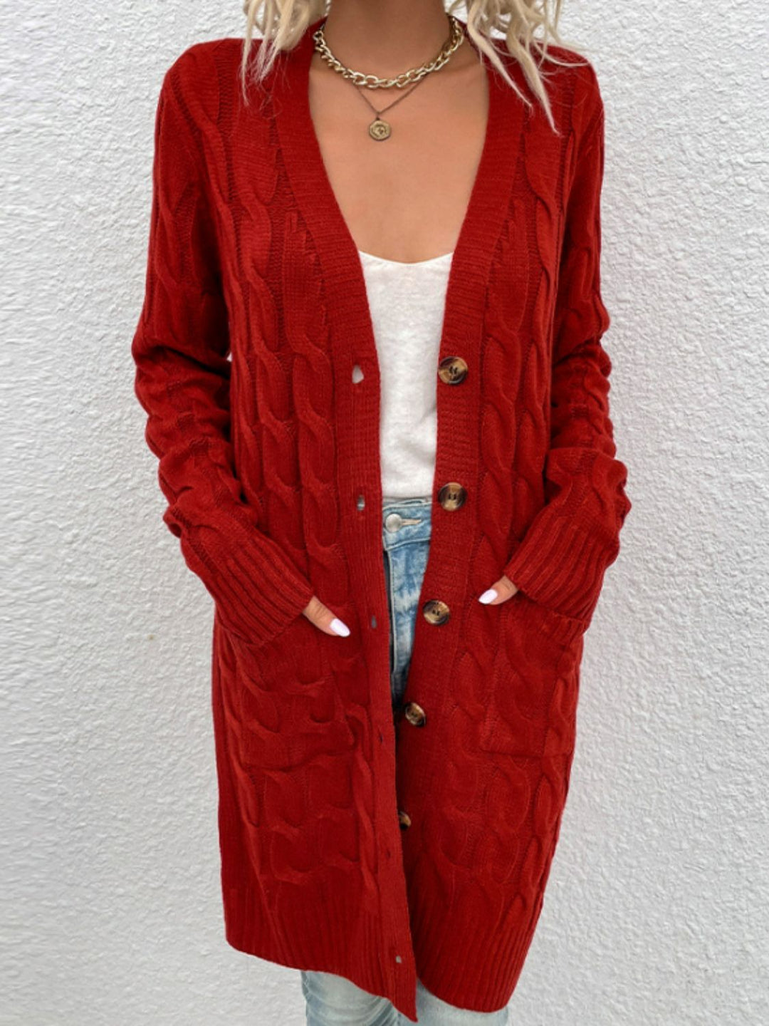 Heidi-Mode | Kabelstrick Knopfverschluss Cardigan mit Taschen