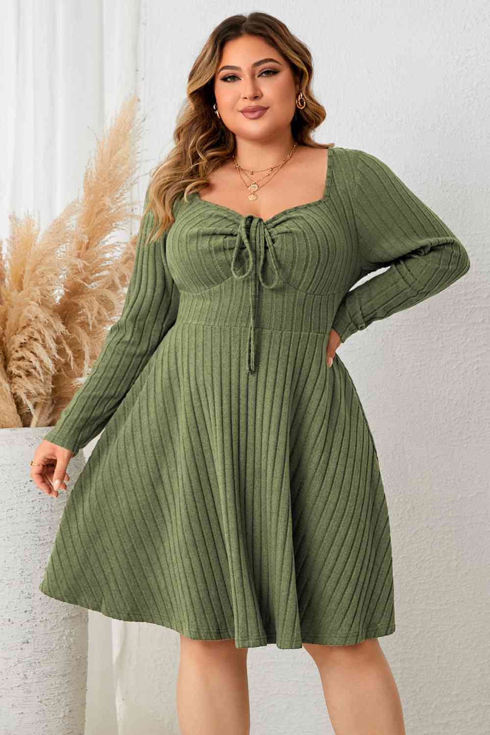 Heidi-Mode | Plus Size Herzausschnitt Langarm Rippkleid