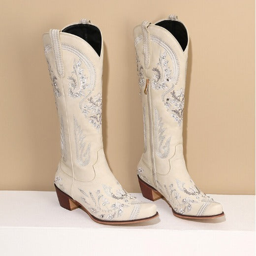 Heidi-Mode | Bestickte Western Denim Retro Damen Knielange Stiefel