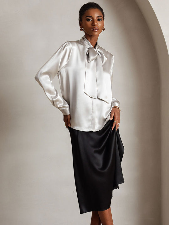 Heidi-Mode | Damen Elegante Seidenbluse mit Schlipskragen und Langen Ärmeln