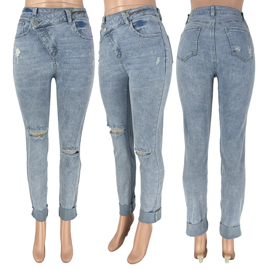 Heidi-Mode | Jeans Damen Ripped Diagonal Buckle Stretch Jeans