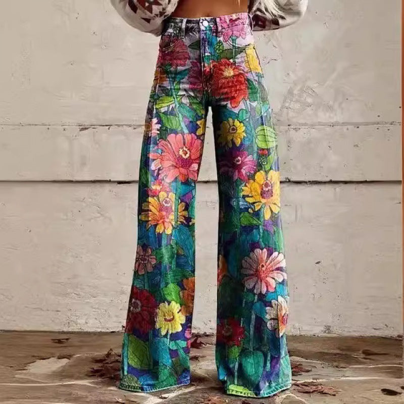 Heidi-Mode | Hochgeschnitten, Locker, Dünne Imitation Denim Hose mit Breitem Bein