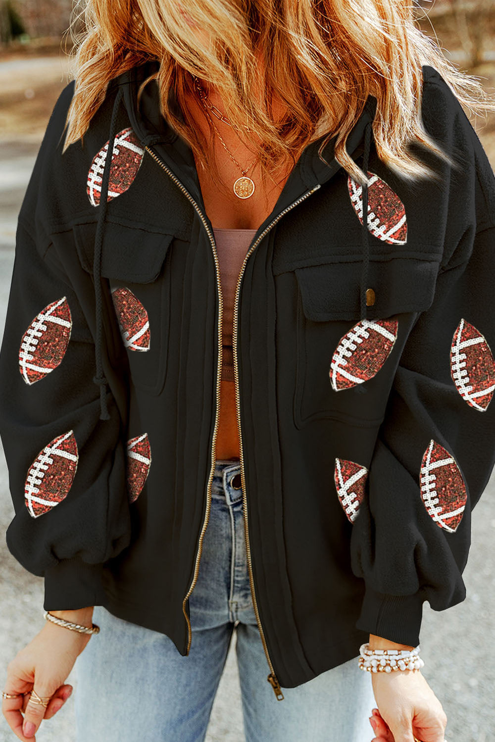 Pailletten Rugby Football Patterned Zipper Hooded Jacket