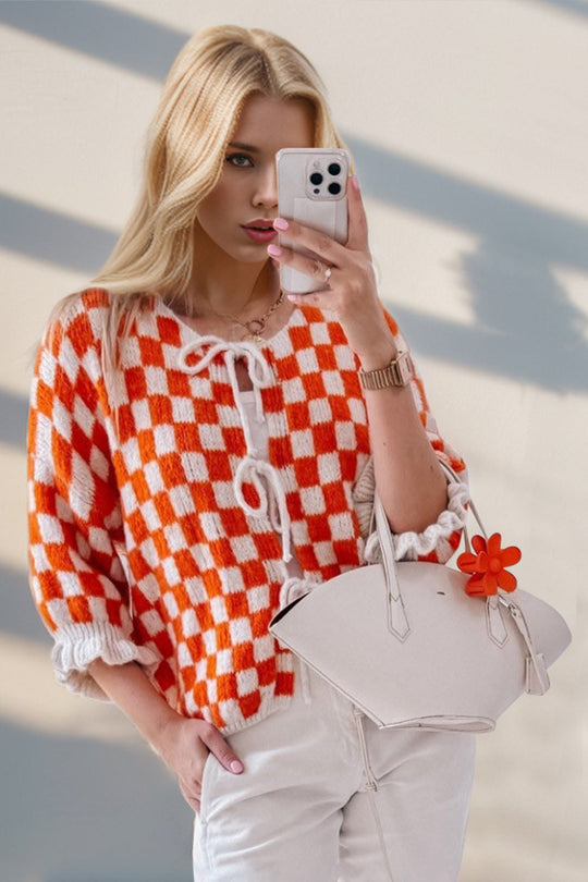 Heidi-Mode | Double Take Gebunden Karierter Fall Schulter Volant Ärmel Strickjacke